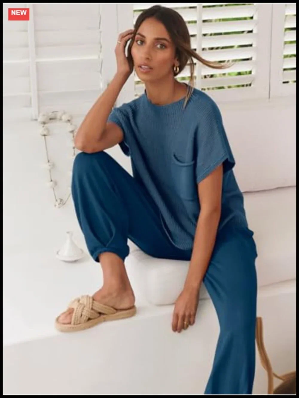 Two Piece Lounge Set Cap Sleeve Crop Top High Waist Knit Pants Rayon